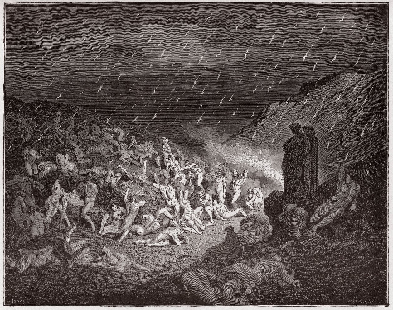 Den guddommelige komedie (La Divina Commedia, La Divine Comedie), Inferno, Canto 14: De voldelige, forpinte i ildens regn - af Dante Alighieri (1265-1321) - Illustration af Gustave Dore (1832-1883) af Gustave Dore