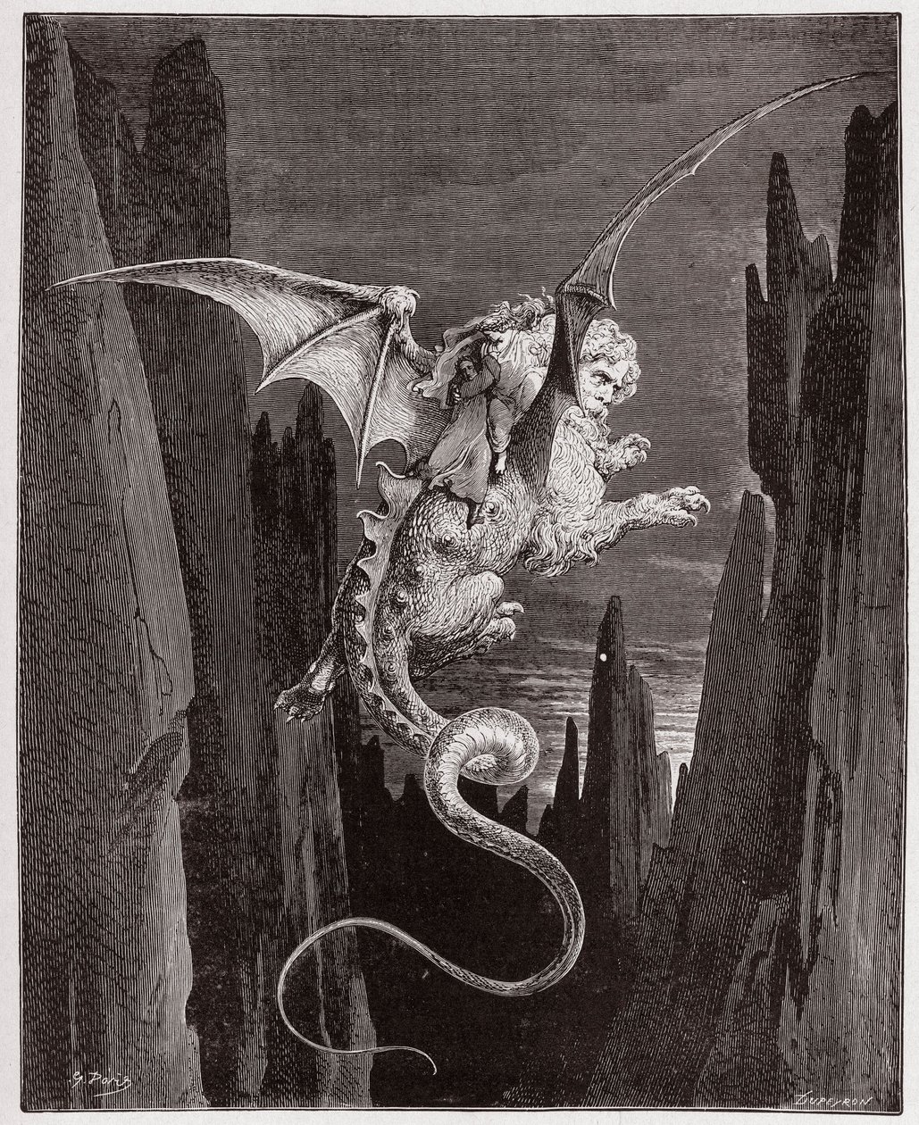 Den guddommelige komedie (La Divina Commedia, La Divine Comedie), Inferno, Canto 17: Nedstigningen til afgrunden på Geryons ryg - af Dante Alighieri (1265-1321) - Illustration af Gustave Dore (1832-1883) af Gustave Dore