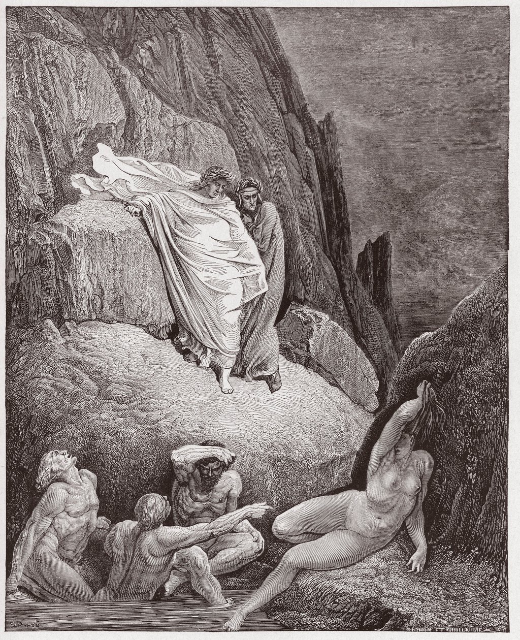The Divine Comedy (La Divina Commedia, La Divine Comedie), Inferno, Canto 18: Virgil viser Dante shade of Thai - af Dante Alighieri (1265-1321) - Illustration af Gustave Dore (1832-1883) af Gustave Dore