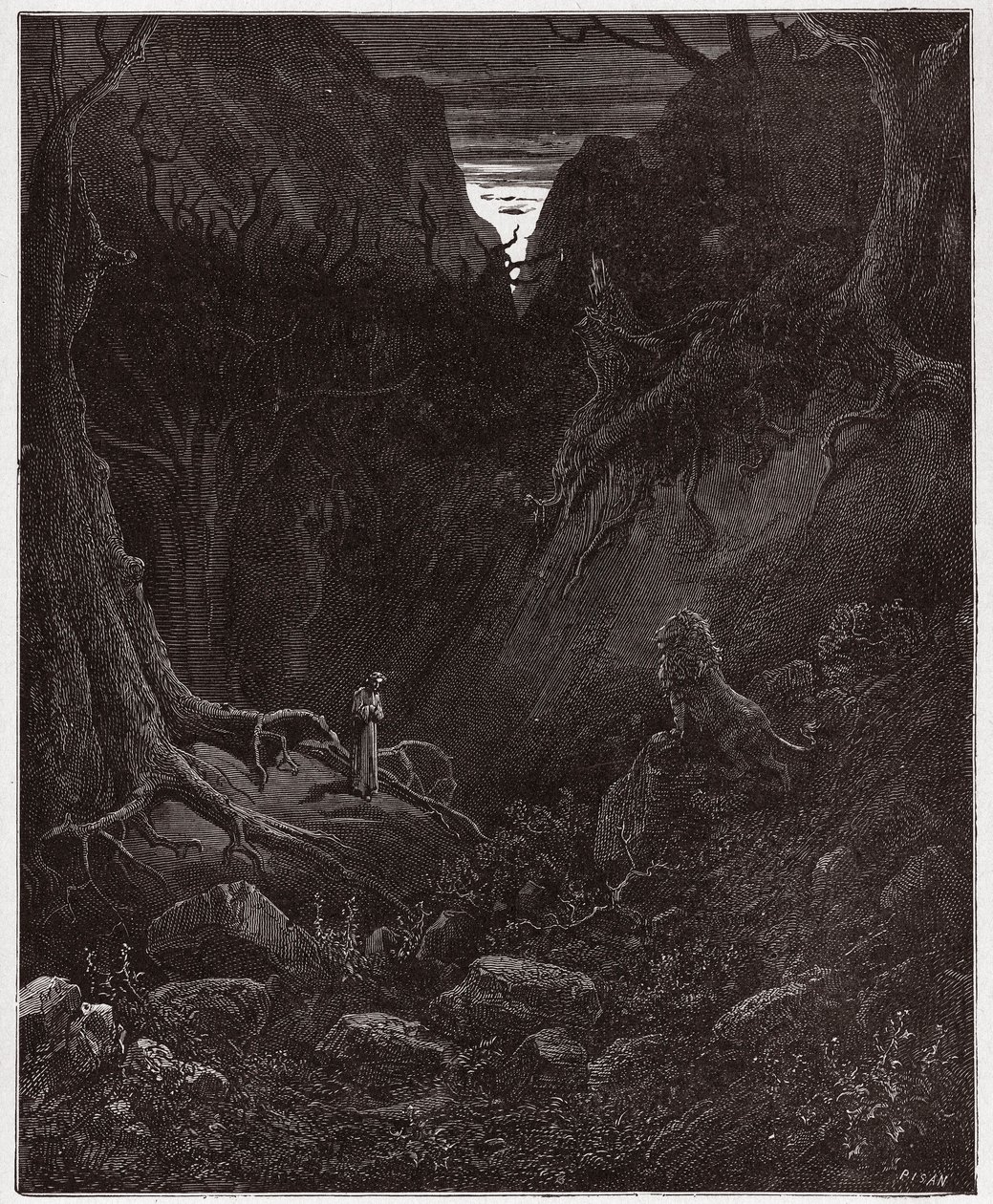 Den guddommelige komedie (La Divina Commedia, La Divine Comedie), Inferno, Canto 1: Løven konfronterer pludselig Dante - af Dante Alighieri (1265-1321) - Illustration af Gustave Dore (1832-1883) af Gustave Dore