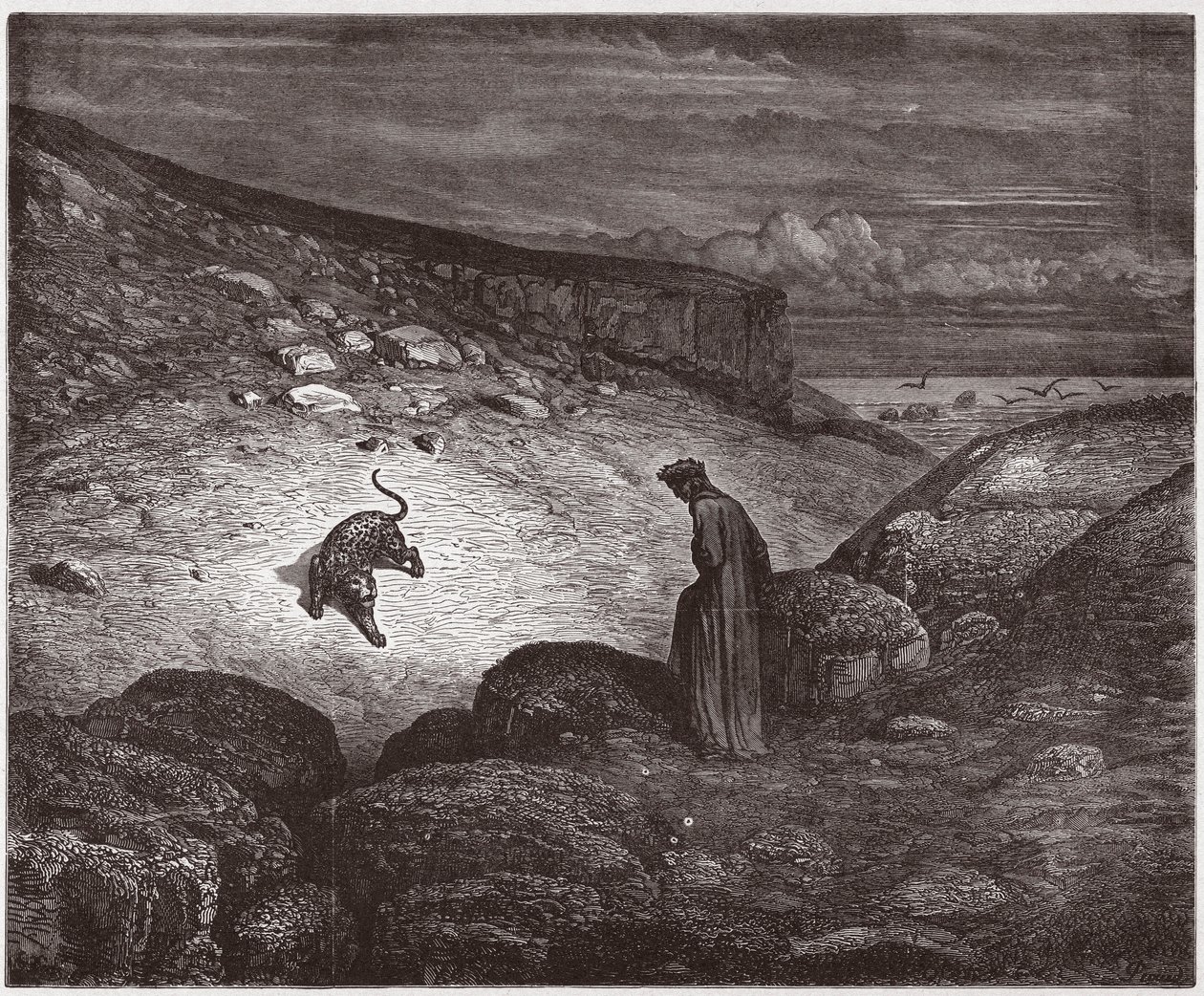 Den guddommelige komedie (La Divina Commedia, La Divine Comedie), Inferno, Canto 1: Panteren ved begyndelsen af opstigningen - af Dante Alighieri (1265-1321) - Illustration af Gustave Dore (1832-1883) af Gustave Dore