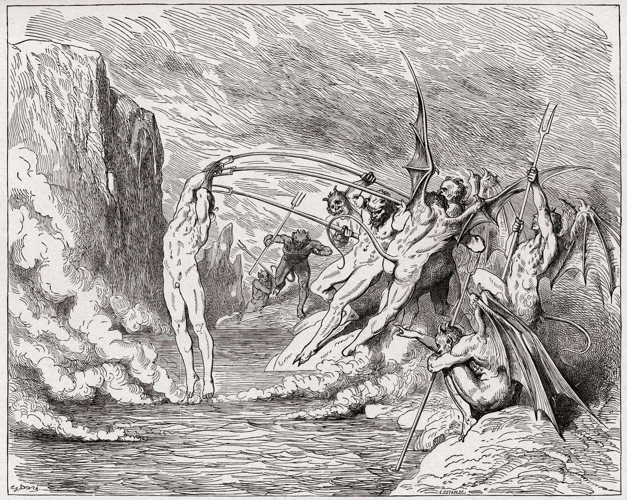 The Divine Comedy (La Divina Commedia, La Divine Comedie), Inferno, Canto 21: Devils torment the barrators - af Dante Alighieri (1265-1321) - Illustration af Gustave Dore (1832-1883) af Gustave Dore