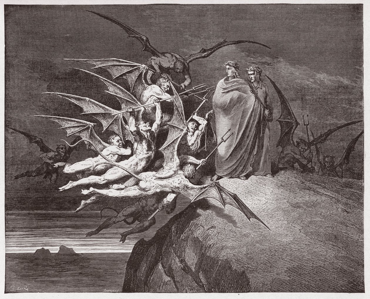 Den guddommelige komedie (La Divina Commedia, La Divine Comedie), Inferno, Canto 21: Dæmonerne truer Virgil - af Dante Alighieri (1265-1321) - Illustration af Gustave Dore (1832-1883) af Gustave Dore