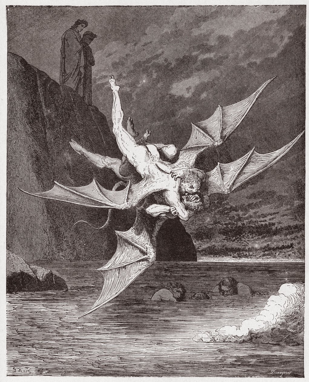 Den guddommelige komedie (La Divina Commedia, La Divine Comedie), Inferno, Canto 22: Alichino og Calcabrina kæmper over banen - af Dante Alighieri (1265-1321) - Illustration af Gustave Dore (1832-1883) af Gustave Dore