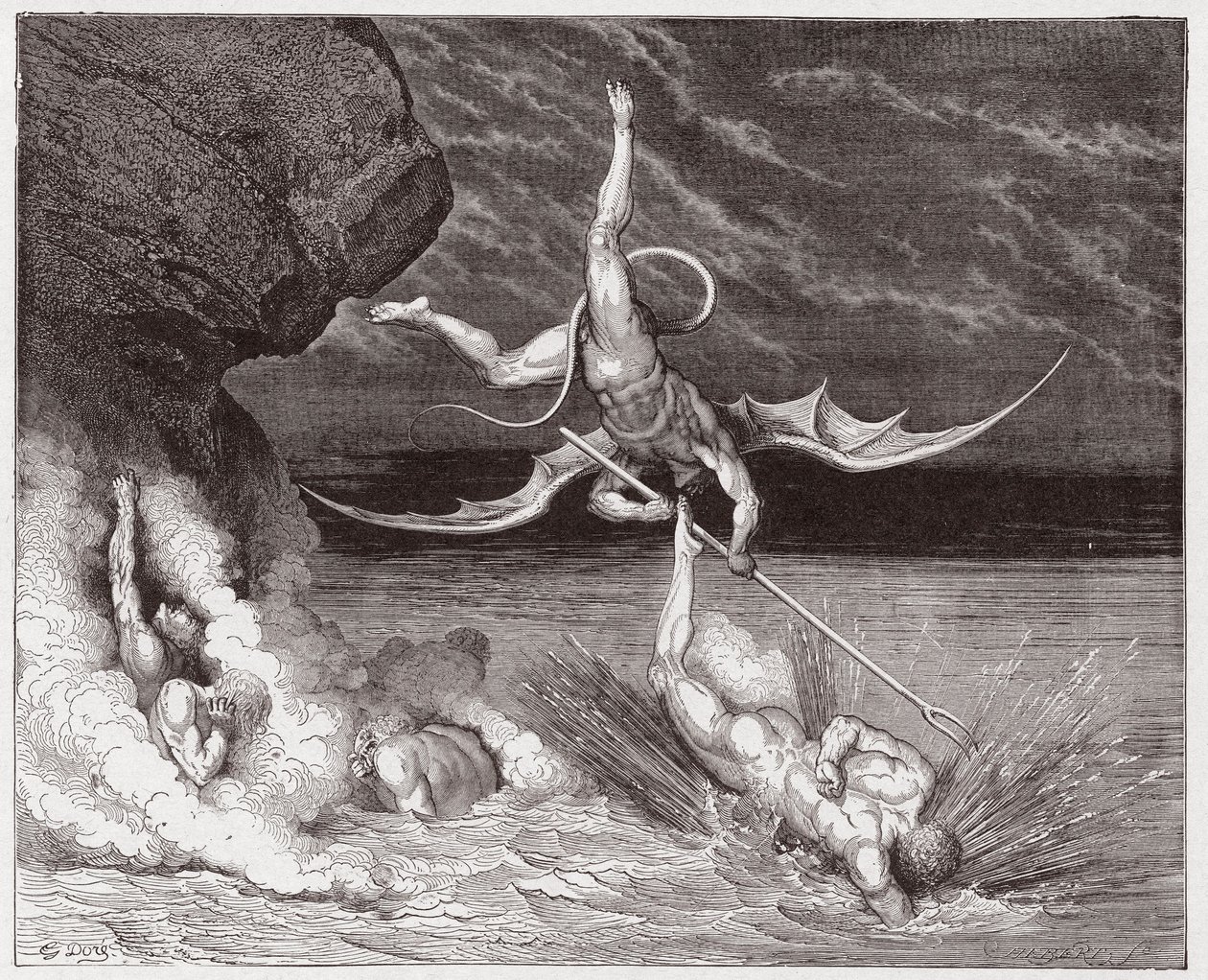 Den guddommelige komedie (La Divina Commedia, La Divine Comedie), Inferno, Canto 22: Ciampolo undslipper dæmonen Alichino i den femte bolgia - af Dante Alighieri (1265-1321) - Illustration af Gustave Dore (1832-1883) af Gustave Dore
