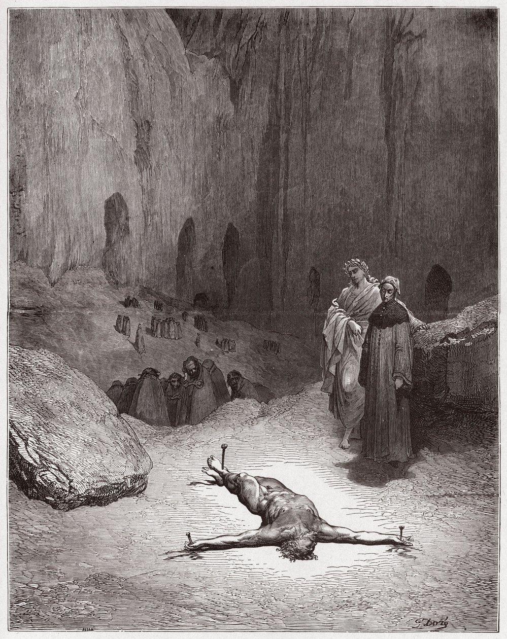 Den guddommelige komedie (La Divina Commedia, La Divine Comedie), Inferno, Canto 23: En korsfæstet farisæer blandt hyklerne - af Dante Alighieri (1265-1321) - Illustration af Gustave Dore (1832-1883) af Gustave Dore