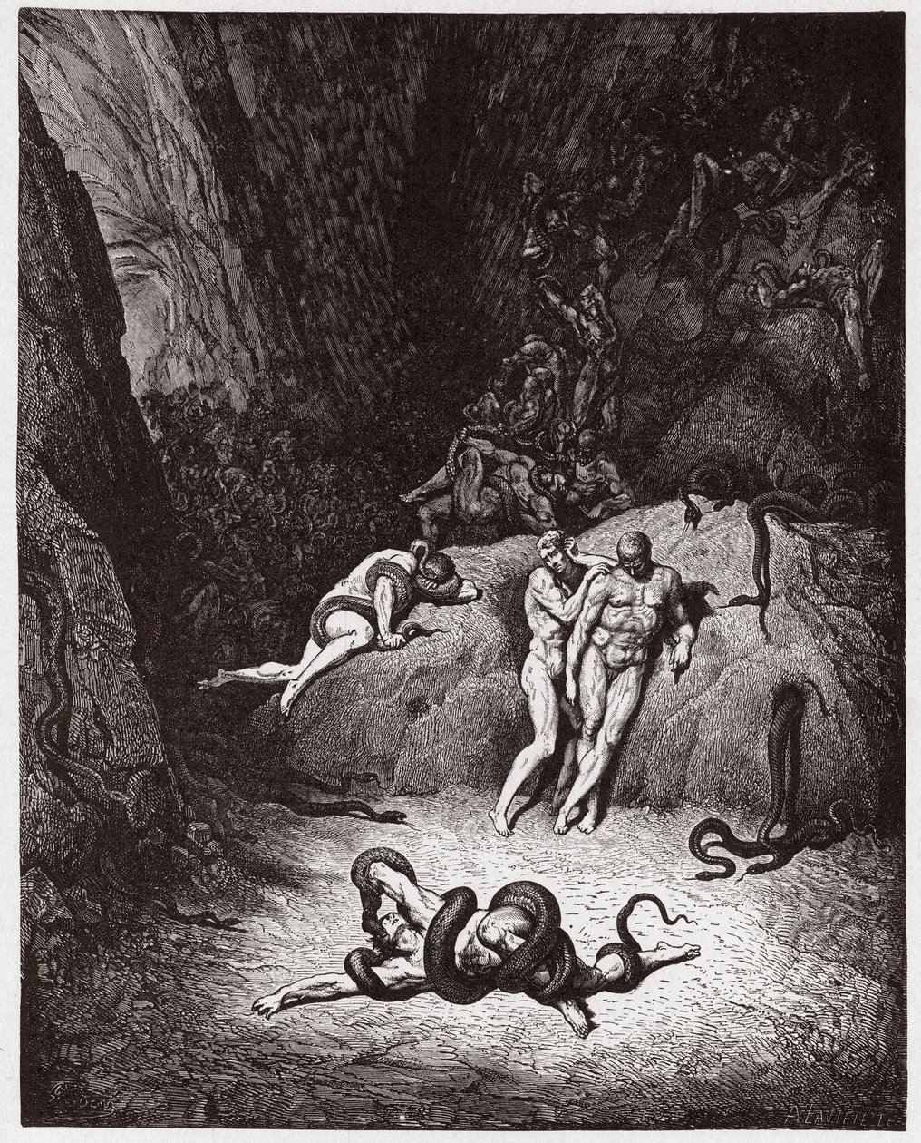 Den guddommelige komedie (La Divina Commedia, La Divine Comedie), Inferno, Canto 25: Agnello forvandler sig til en slange - af Dante Alighieri (1265-1321) - Illustration af Gustave Dore (1832-1883) af Gustave Dore
