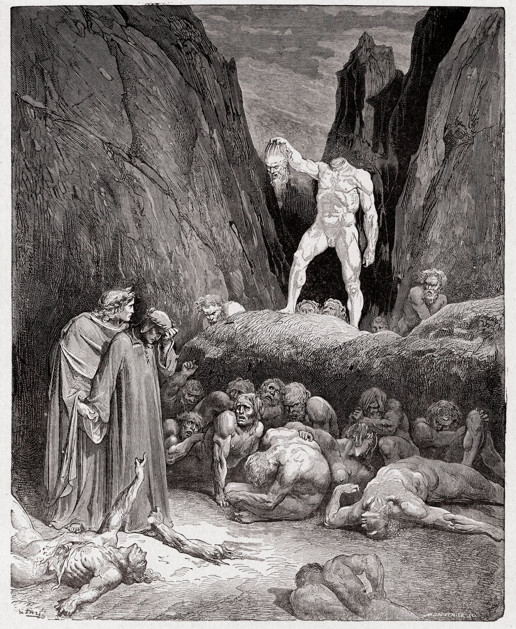Den guddommelige komedie (La Divina Commedia, La Divine Comedie), Inferno, Canto 28: Bertrand de Borns afhuggede hoved taler til Dante - af Dante Alighieri (1265-1321) - Illustration af Gustave Dore (1832-1883) af Gustave Dore