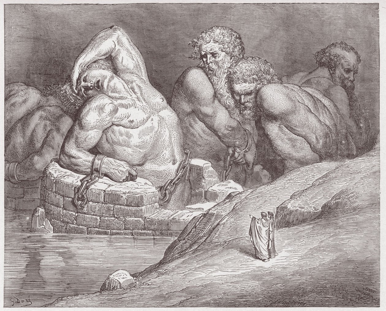 The Divine Comedy (La Divina Commedia, La Divine Comedie), Inferno, Canto 31: Ephialtes in manacles among the giants - af Dante Alighieri (1265-1321) - Illustration af Gustave Dore (1832-1883) af Gustave Dore