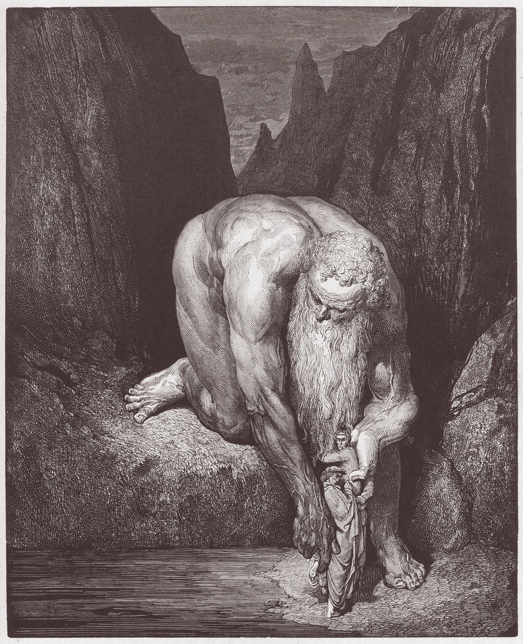 Den guddommelige komedie (La Divina Commedia, La Divine Comedie), Inferno, Canto 31: Kæmpen Antaeus sænker Dante og Virgil ned i den sidste cirkel - af Dante Alighieri (1265-1321) - Illustration af Gustave Dore (1832-1883) af Gustave Dore
