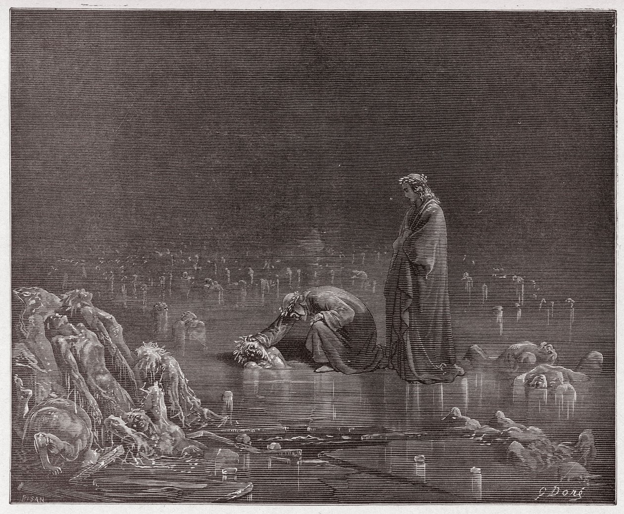 Den guddommelige komedie (La Divina Commedia, La Divine Comedie), Inferno, Canto 32: Dante henvender sig til forræderen Bocca degli Abati - af Dante Alighieri (1265-1321) - Illustration af Gustave Dore (1832-1883) af Gustave Dore