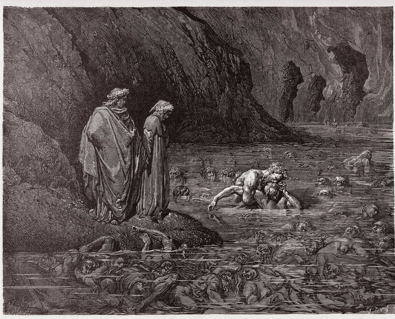 Den guddommelige komedie (La Divina Commedia, La Divine Comedie), Inferno, Canto 32: Ugolino gnaver i hovedet af ærkebiskop Ruggieri - af Dante Alighieri (1265-1321) - Illustration af Gustave Dore (1832-1883) af Gustave Dore