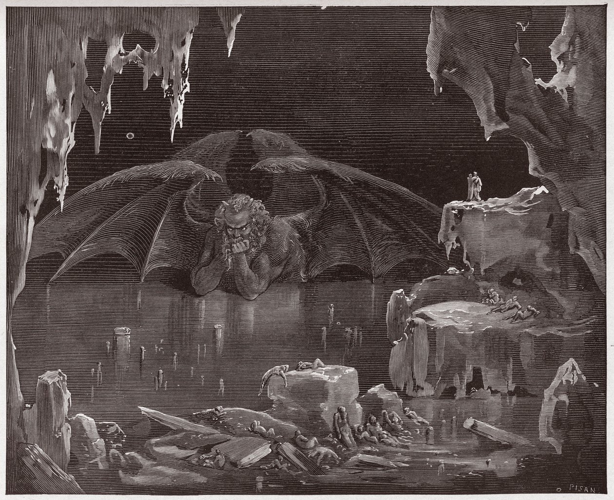 Den guddommelige komedie (La Divina Commedia, La Divine Comedie), Inferno, Canto 34: Lucifer, konge af helvede, frosset i isen - af Dante Alighieri (1265-1321) - Illustration af Gustave Dore (1832-1883) af Gustave Dore