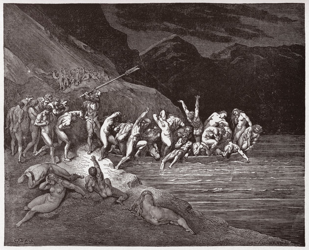Den guddommelige komedie (La Divina Commedia, La Divine Comedie), Inferno, Canto 3: De dødsdømte sjæle, der går i gang med at krydse Acheron - af Dante Alighieri (1265-1321) - Illustration af Gustave Dore (1832-1883) af Gustave Dore