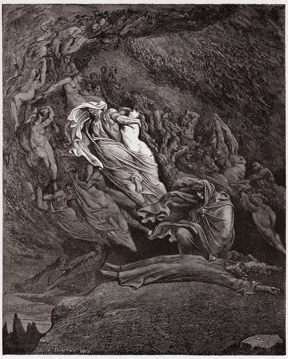 Den guddommelige komedie (La Divina Commedia, La Divine Comedie), Inferno, Canto 5: Francesca beskriver sin død - af Dante Alighieri (1265-1321) - Illustration af Gustave Dore (1832-1883) af Gustave Dore