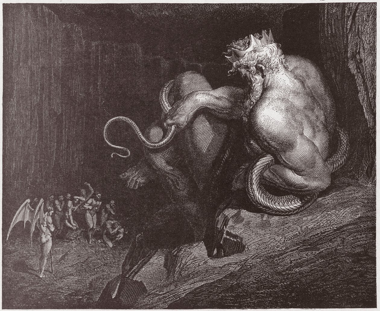 Den guddommelige komedie (La Divina Commedia, La Divine Comedie), Inferno, Canto 5: Minos dømmer overtrædelserne og sender sjælene - af Dante Alighieri (1265-1321) - Illustration af Gustave Dore (1832-1883) af Gustave Dore