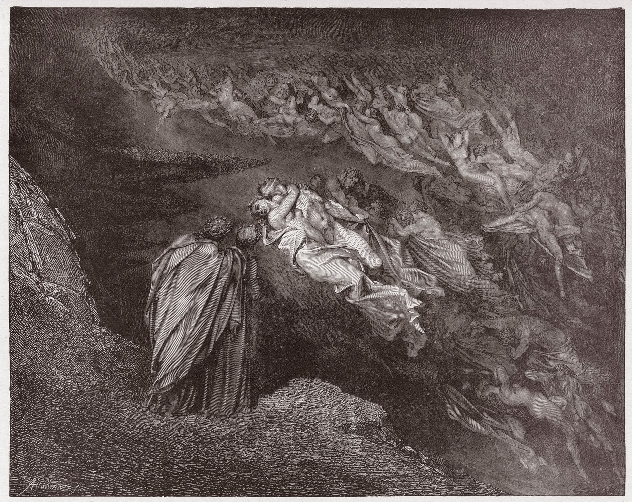 Den guddommelige komedie (La Divina Commedia, La Divine Comedie), Inferno, Canto 5: Francescas sjæl taler til Dante - af Dante Alighieri (1265-1321) - Illustration af Gustave Dore (1832-1883) af Gustave Dore