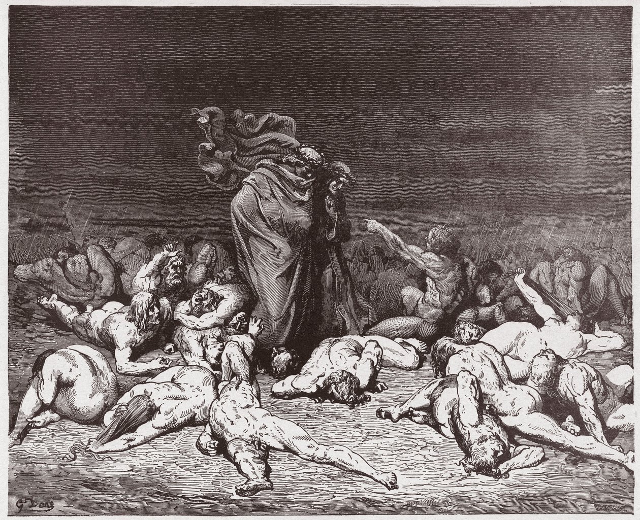 The Divine Comedy (La Divina Commedia, La Divine Comedie), Inferno, Canto 6: Gluttonerne ramt af evig regn - af Dante Alighieri (1265-1321) - Illustration af Gustave Dore (1832-1883) af Gustave Dore