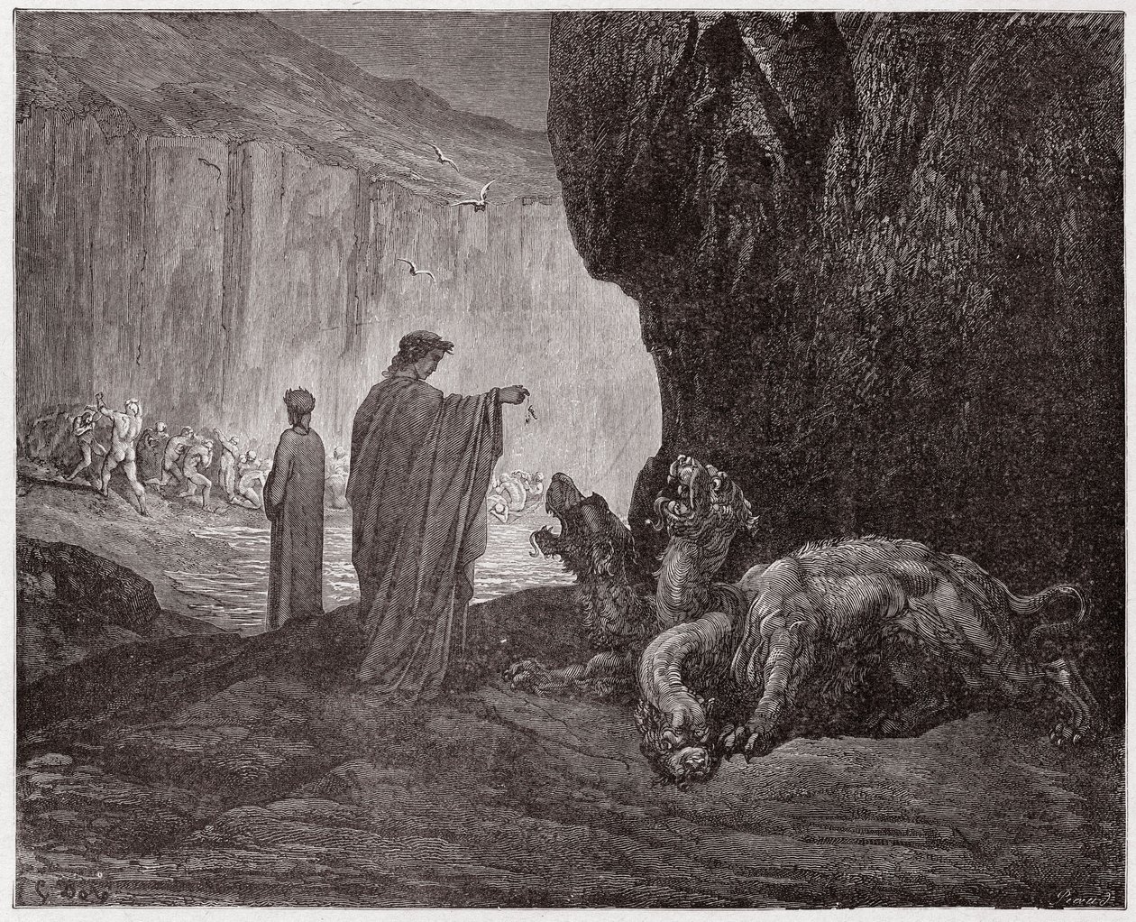 Den guddommelige komedie (La Divina Commedia, La Divine Comedie), Inferno, Canto 6: Virgil fodrer Cerberus i den tredje cirkel - af Dante Alighieri (1265-1321) - Illustration af Gustave Dore (1832-1883) af Gustave Dore