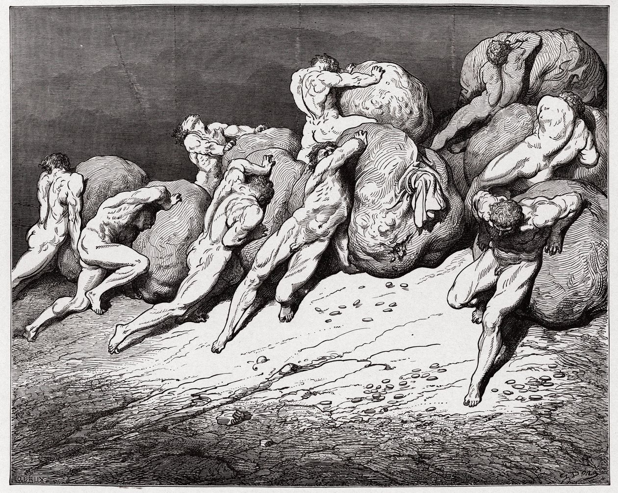 Den guddommelige komedie (La Divina Commedia, La Divine Comedie), Inferno, Canto 7: De griskes og de fortabtes sjæle tvunget til at rulle tunge sten - af Dante Alighieri (1265-1321) - Illustration af Gustave Dore (1832-1883) af Gustave Dore
