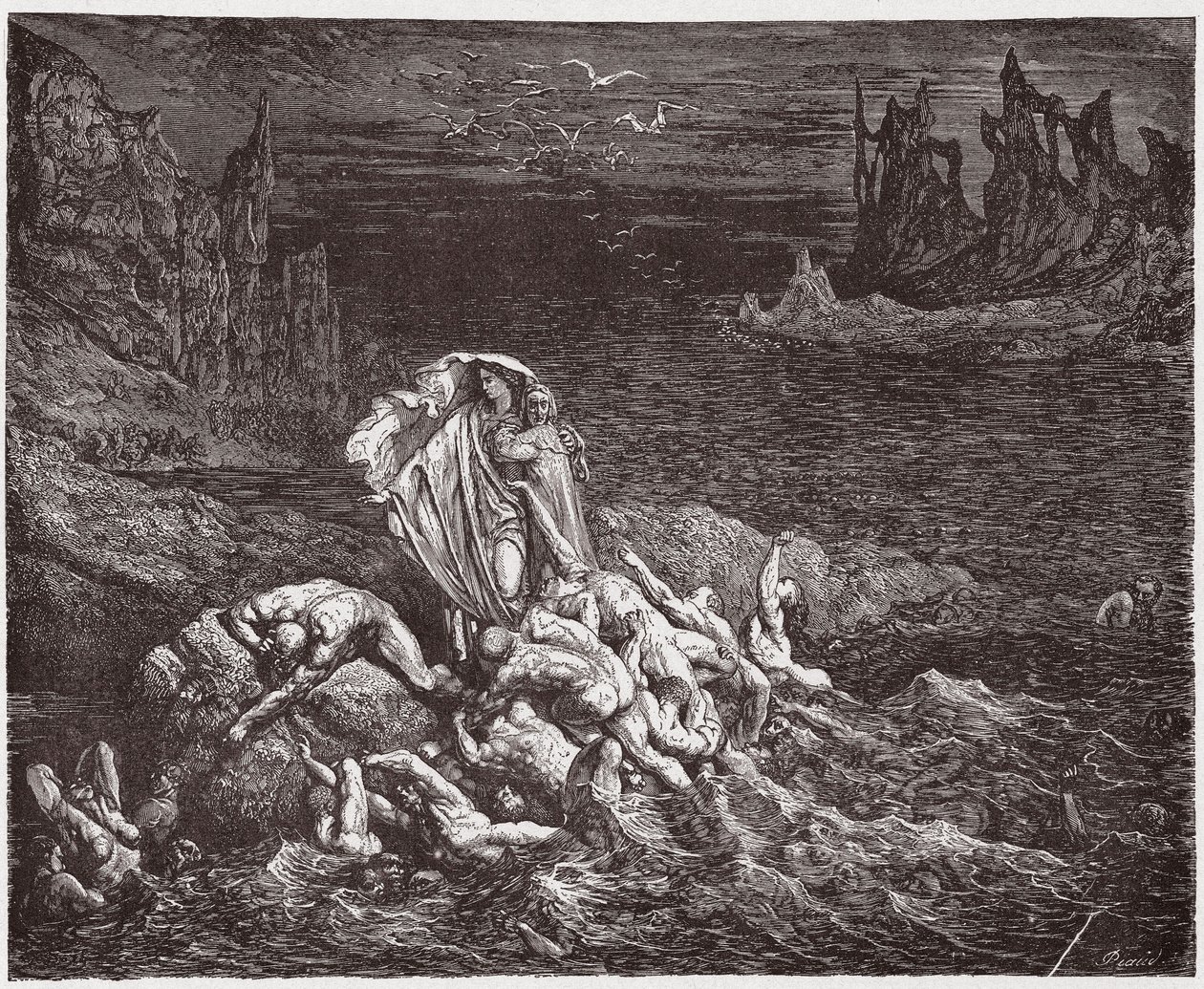 Den guddommelige komedie (La Divina Commedia, La Divine Comedie), Inferno, Canto 7: Virgil viser Dante de vredes sjæle i Styxen - af Dante Alighieri (1265-1321) - Illustration af Gustave Dore (1832-1883) af Gustave Dore