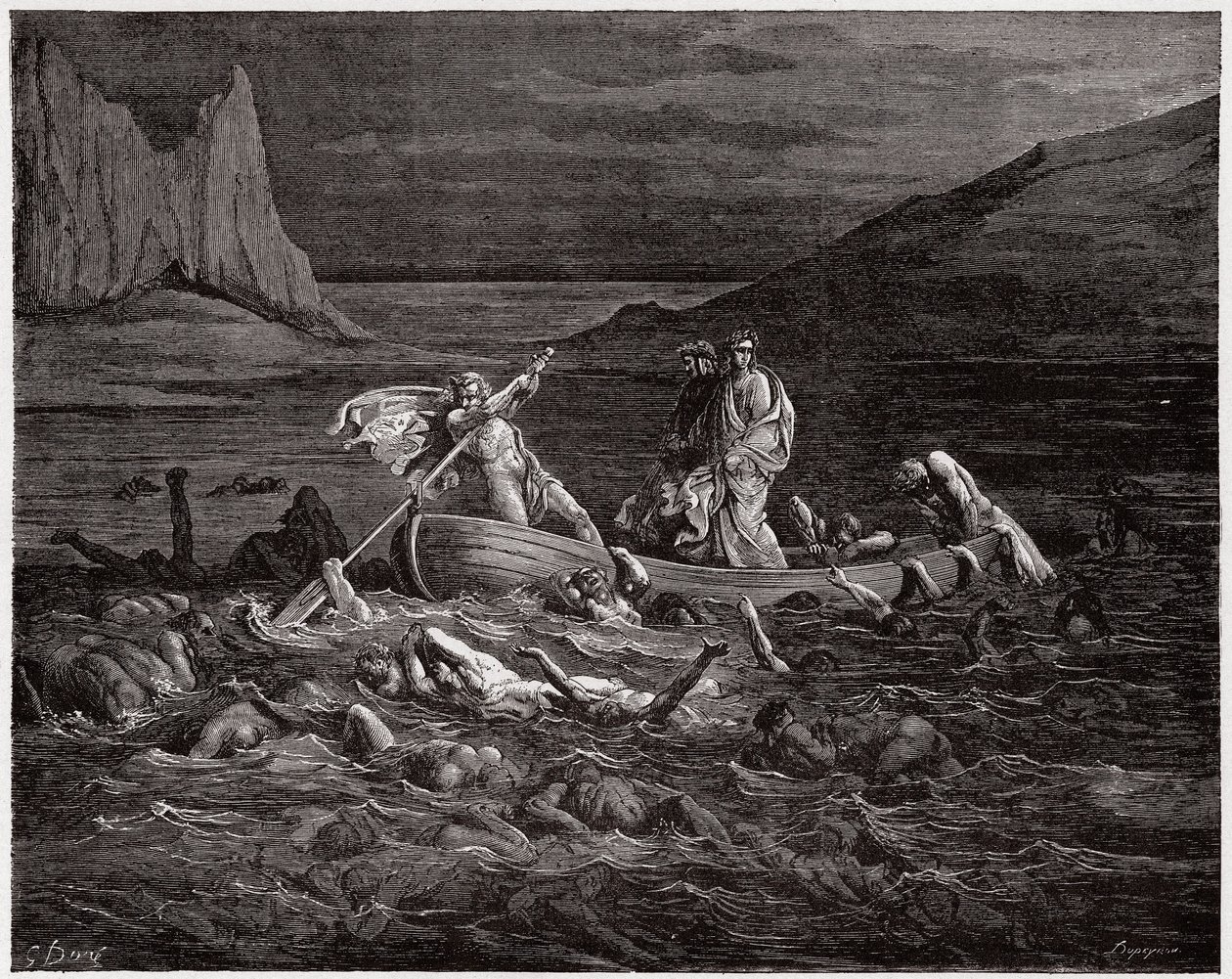 Den guddommelige komedie (La Divina Commedia, La Divine Comedie), Inferno, Canto 8: Phlegyas færger Dante og Virgil over Styx - af Dante Alighieri (1265-1321) - Illustration af Gustave Dore (1832-1883) af Gustave Dore