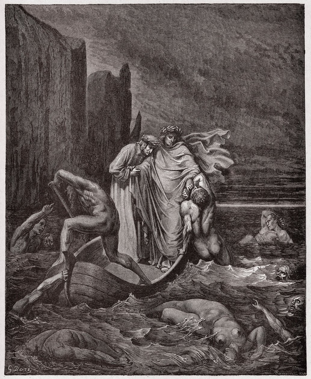 Den guddommelige komedie (La Divina Commedia, La Divine Comedie), Inferno, Canto 8: Florentineren Philippo Argentis sjæl tiltaler digterne på Styx - af Dante Alighieri (1265-1321) - Illustration af Gustave Dore (1832-1883) af Gustave Dore