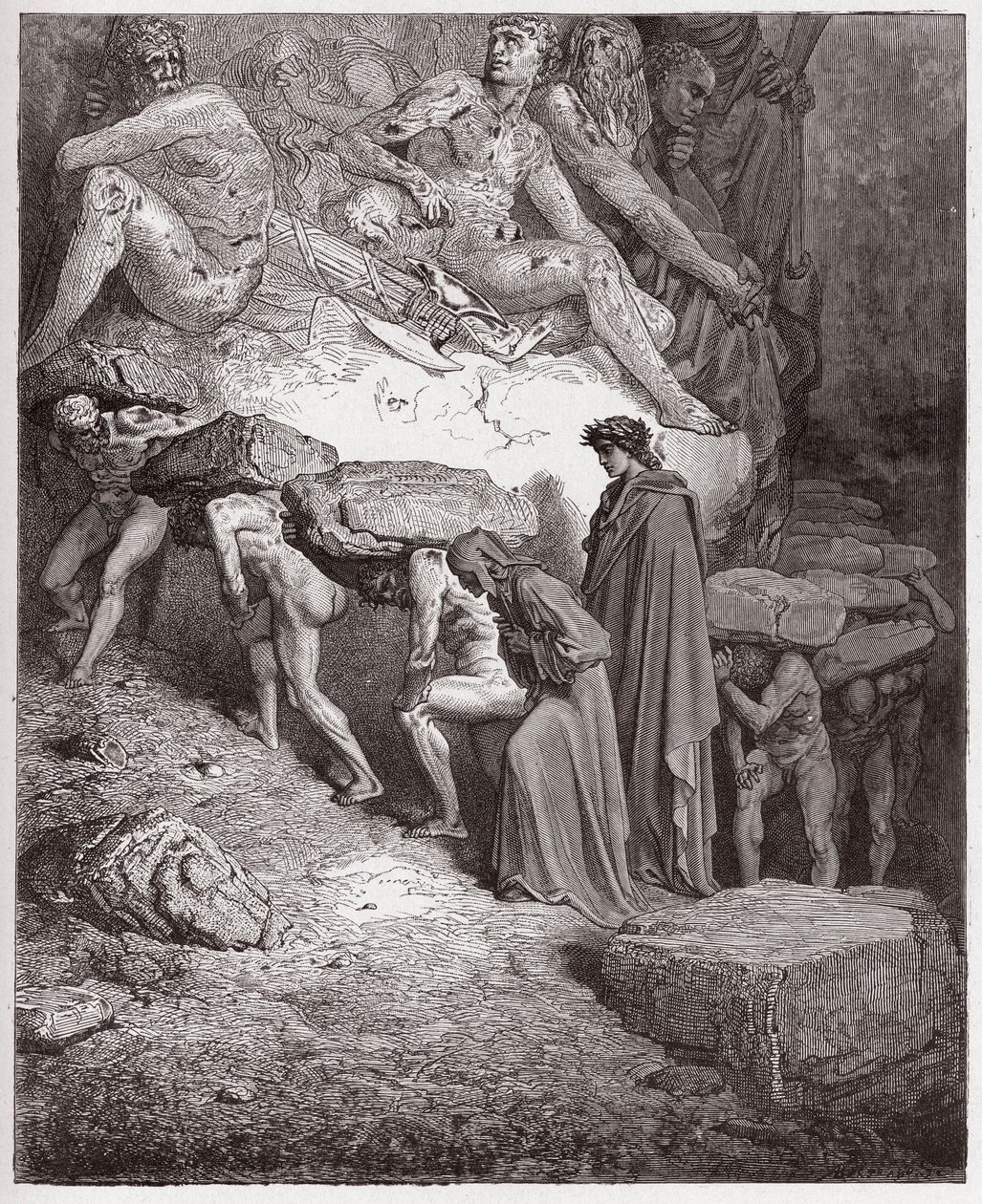 Den guddommelige komedie (La Divina Commedia, La Divine Comedie), Purgatorio, Canto 11: De stoltes sjæle, der bærer tunge sten - af Dante Alighieri (1265-1321) - Illustration af Gustave Dore (1832-1883) af Gustave Dore