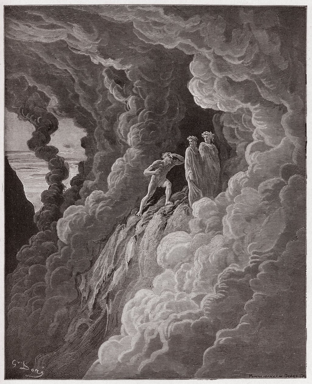 Den guddommelige komedie (La Divina Commedia, La Divine Comedie), Purgatorio, Canto 16: Marco Lombardo følger digterne gennem røgen - af Dante Alighieri (1265-1321) - Illustration af Gustave Dore (1832-1883) af Gustave Dore