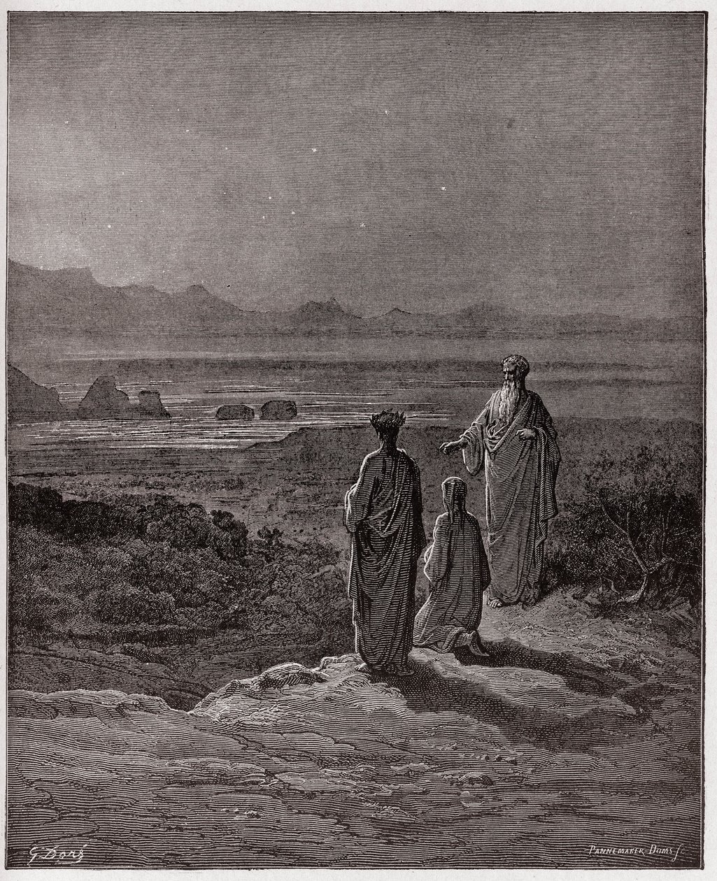 Den guddommelige komedie (La Divina Commedia, La Divine Comedie), Purgatorio, Canto 1: Dante knæler foran Statius - af Dante Alighieri (1265-1321) - Illustration af Gustave Dore (1832-1883) af Gustave Dore