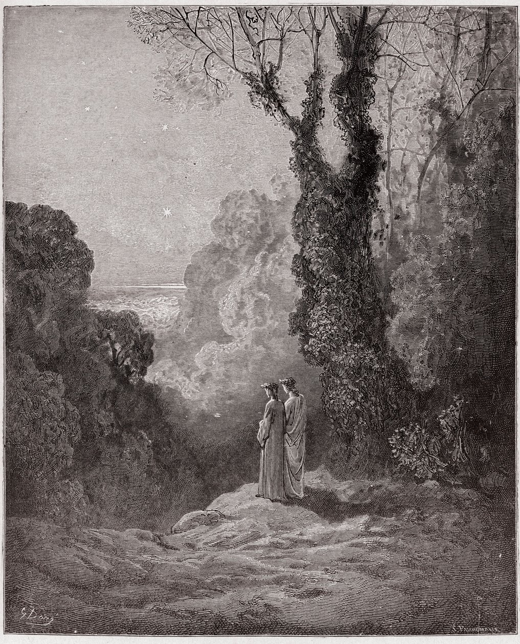 Den guddommelige komedie (La Divina Commedia, La Divine Comedie), Purgatorio, Canto 1: Digterne ser skønheden ved Venus på morgenhimlen - af Dante Alighieri (1265-1321) - Illustration af Gustave Dore (1832-1883) af Gustave Dore