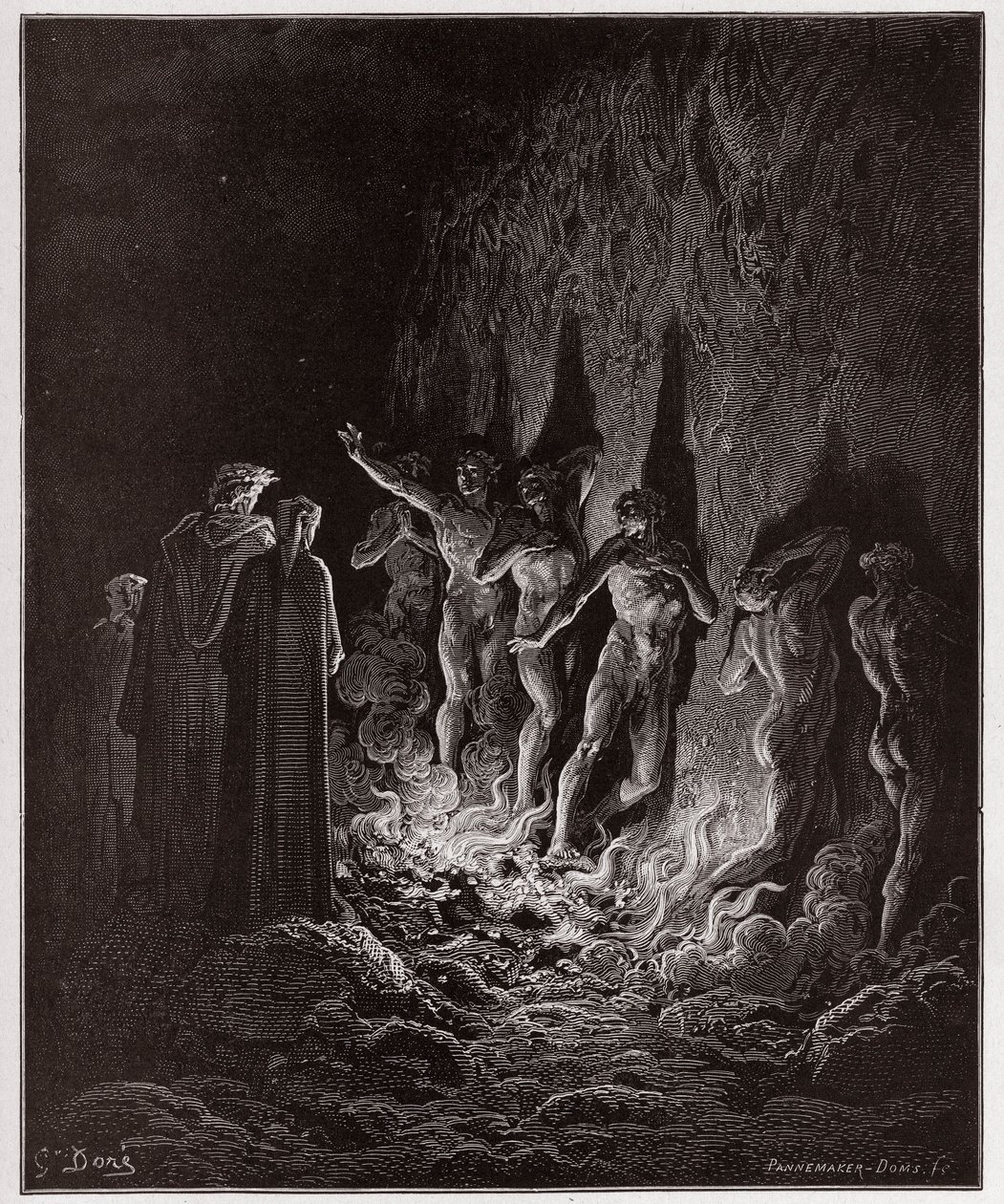 Den guddommelige komedie (La Divina Commedia, La Divine Comedie), Purgatorio, Canto 25: Den lystfulde passerer gennem ild i den syvende cirkel - af Dante Alighieri (1265-1321) - Illustration af Gustave Dore (1832-1883) af Gustave Dore