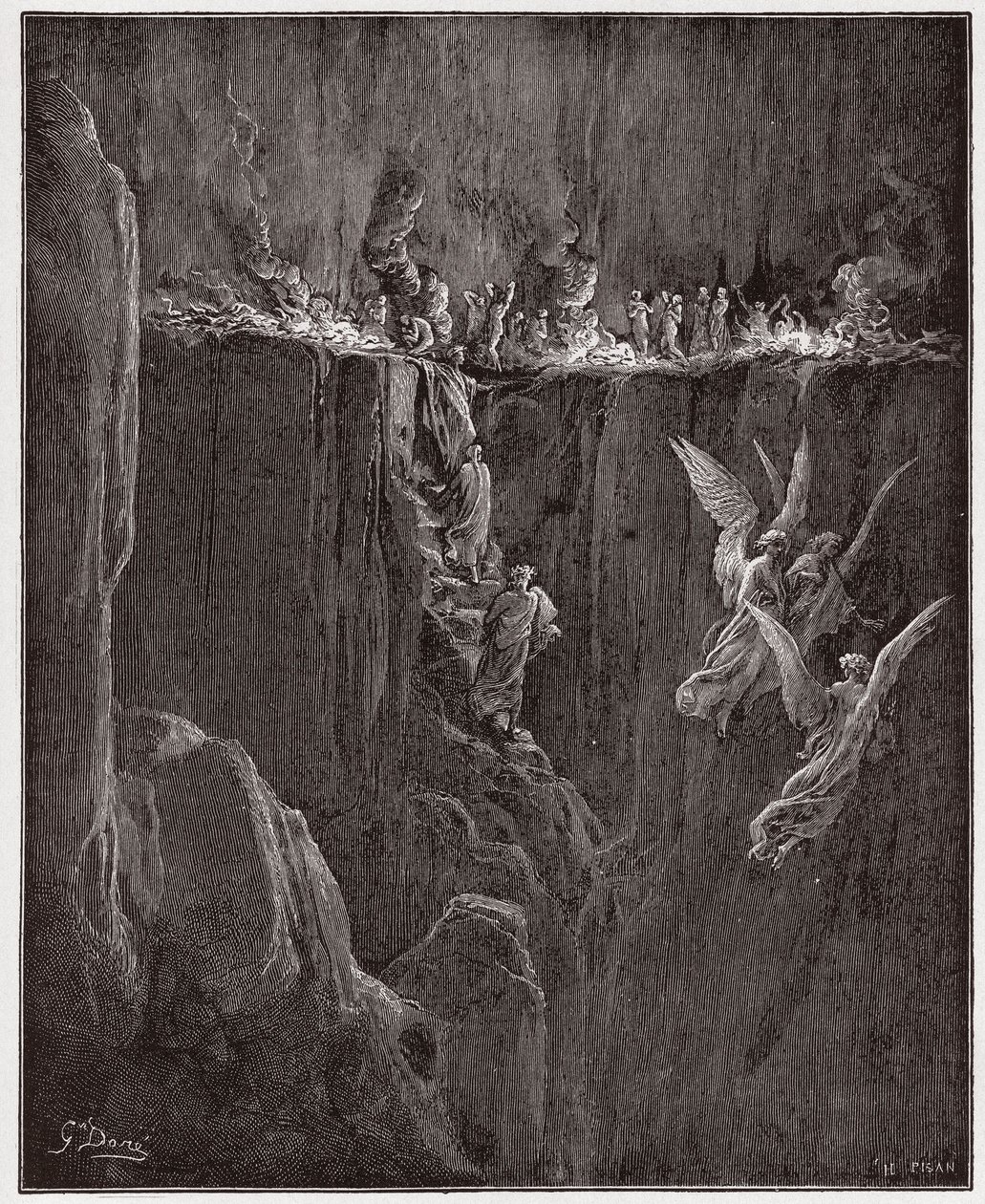 Den guddommelige komedie (La Divina Commedia, La Divine Comedie), Purgatorio, Canto 25: Virgil og Dante stiger op til den syvende cirkel gennem flammer - af Dante Alighieri (1265-1321) - Illustration af Gustave Dore (1832-1883) af Gustave Dore