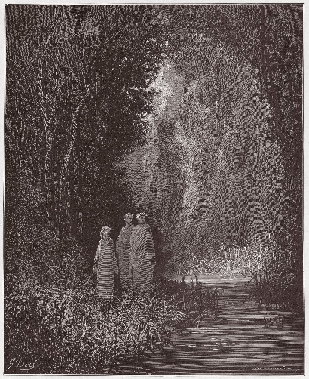 Den guddommelige komedie (La Divina Commedia, La Divine Comedie), Purgatorio, Canto 28: Dante, Virgil og Statius i den ældgamle skov i det terrestriske paradis - af Dante Alighieri (1265-1321) - Illustration af Gustave Dore (1832-1883) ) af Gustave Dore