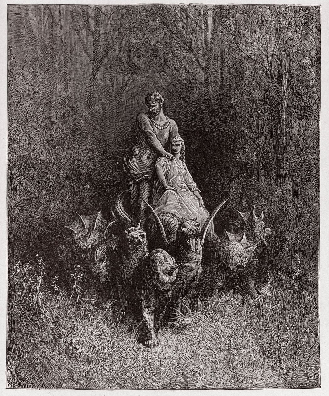 Den guddommelige komedie (La Divina Commedia, La Divine Comedie), Purgatorio, Canto 32: Kæmpen og skøgen i vognen - af Dante Alighieri (1265-1321) - Illustration af Gustave Dore (1832-1883) af Gustave Dore