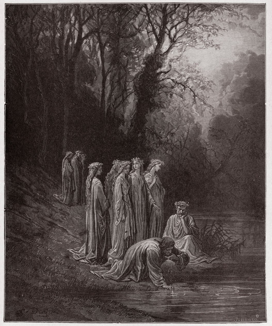 The Divine Comedy (La Divina Commedia, La Divine Comedie), Purgatorio, Canto 33: Dante drinks of the River Eunoe - af Dante Alighieri (1265-1321) - Illustration af Gustave Dore (1832-1883) af Gustave Dore