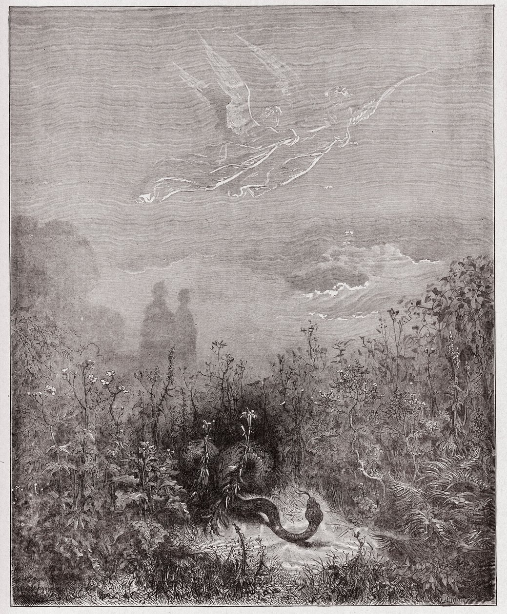 Den guddommelige komedie (La Divina Commedia, La Divine Comedie), Purgatorio, Canto 8: Englene driver slangen væk - af Dante Alighieri (1265-1321) - Illustration af Gustave Dore (1832-1883) af Gustave Dore