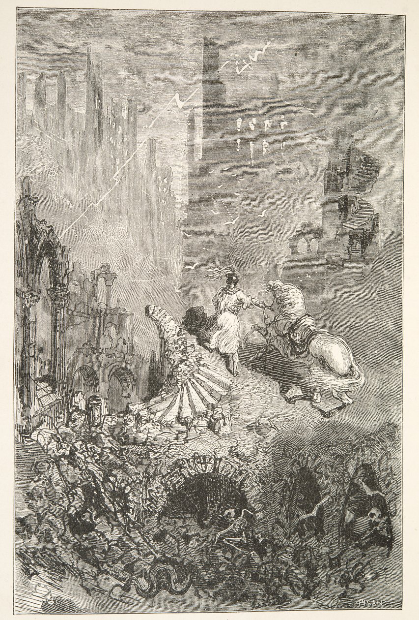 The Downfall of King Pellams Castle, fra Stories of the Days of King Arthur af Charles Henry Hanson, pub.1898 af Gustave Dore