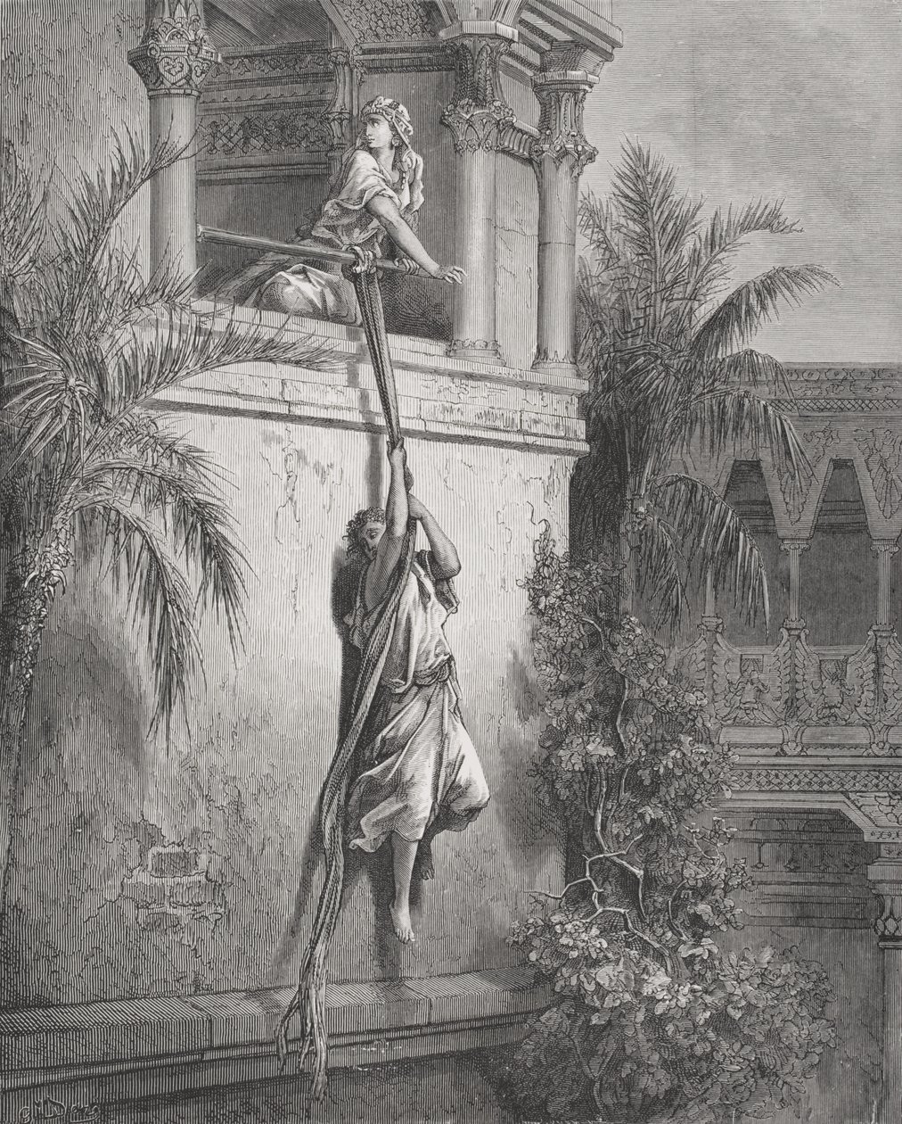 Davids flugt gennem vinduet, illustration fra Dores 