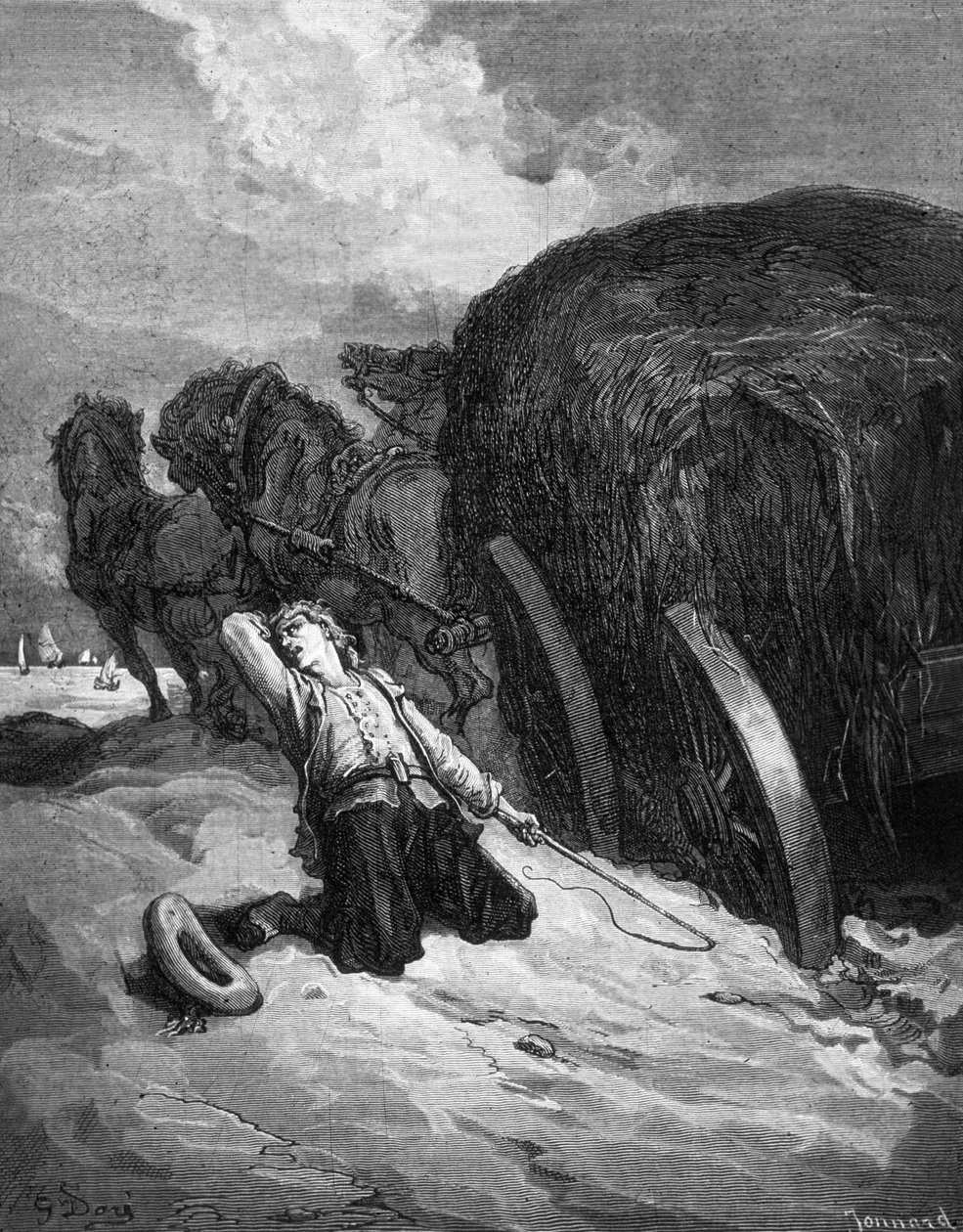 "Fablerne fra Jean La Fontaine": "chartier embourbe" (vognmand, der sidder fast i mudderet), stik af Paul Jonnard-Pacel efter Gustave Dore af Gustave Dore