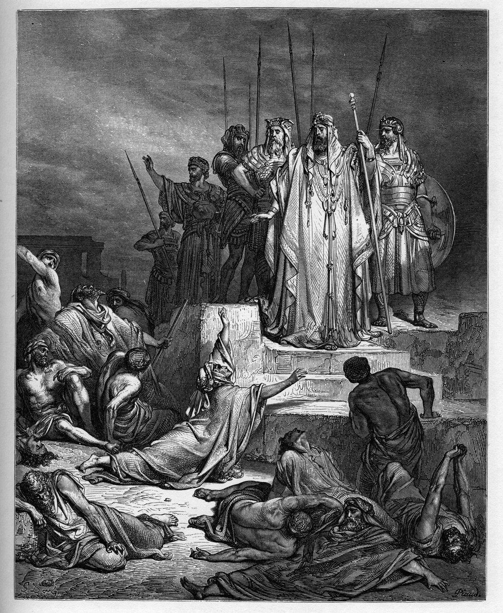 Hungersnøden i Samaria - Det Gamle Testamente: Samarias belejring. Kongen af Syrien belejrer byen Samaria og reducerede den til en frygtelig hungersnød - - indgravering i "The Bible illustree" af Gustave Dore (1832-1883) - Indgravering fra "" The Dore Bibl af Gustave Dore