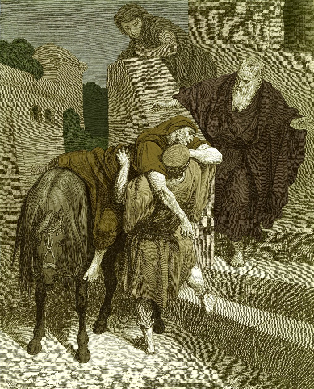 Den barmhjertige samaritaner på kroen, af Doré. - Bibel af Gustave Dore