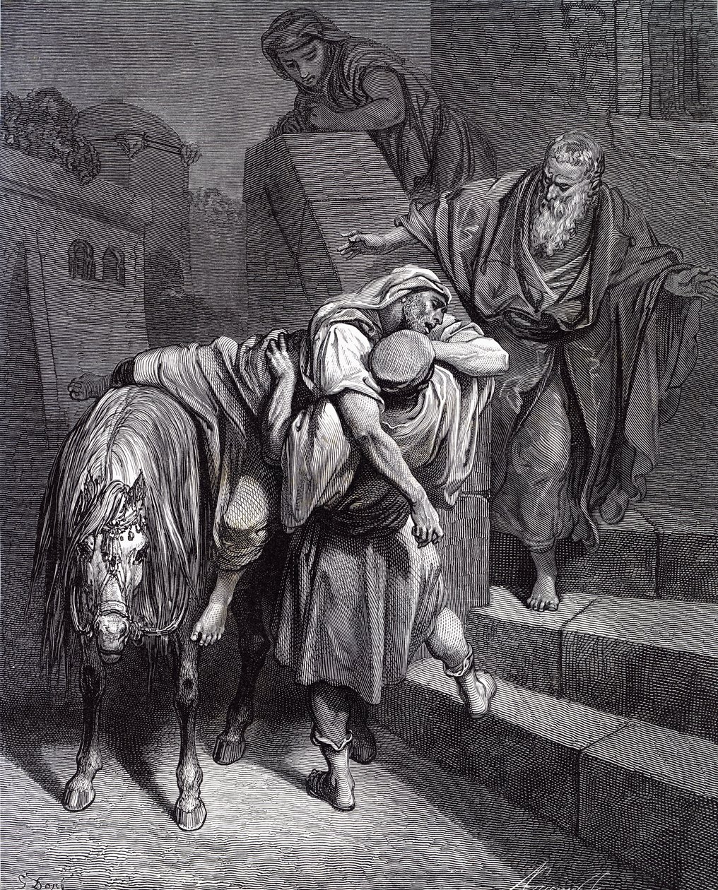 Den barmhjertige samaritaner på kroen, af Doré. - Bibel af Gustave Dore