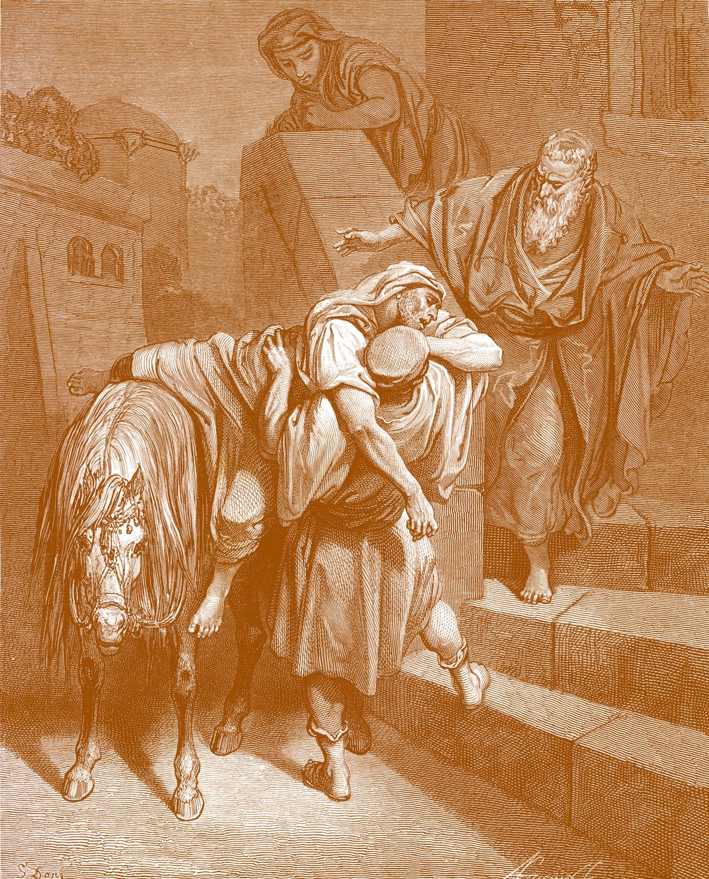 Den barmhjertige samaritaner på kroen, af Doré. - Bibel af Gustave Dore