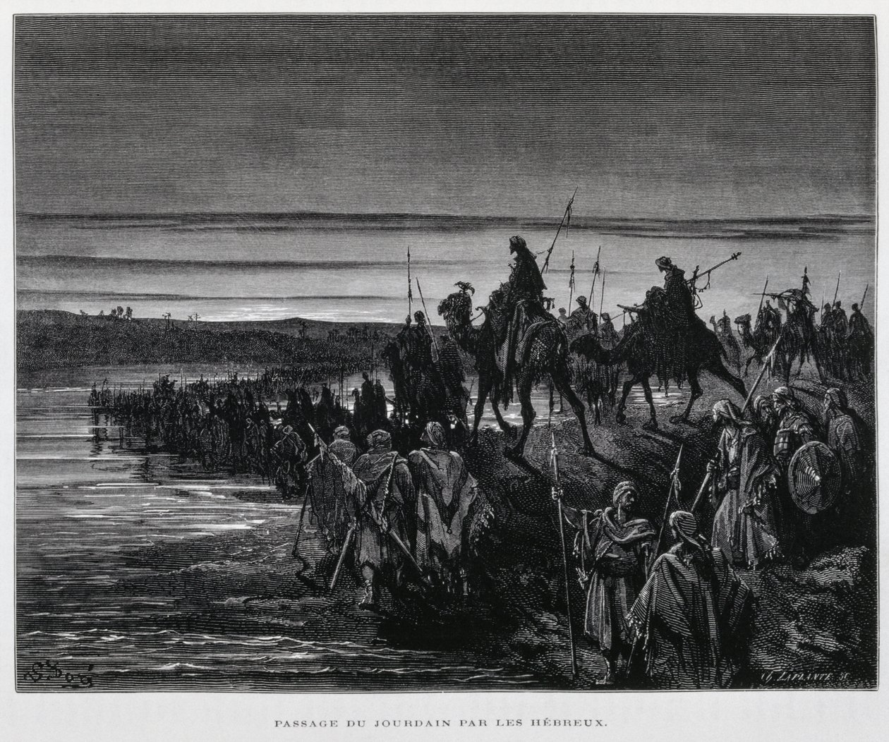De hebraiske stammer går ind i Kanaan over Jordanfloden, Illustration fra Dore Bible af Gustave Dore