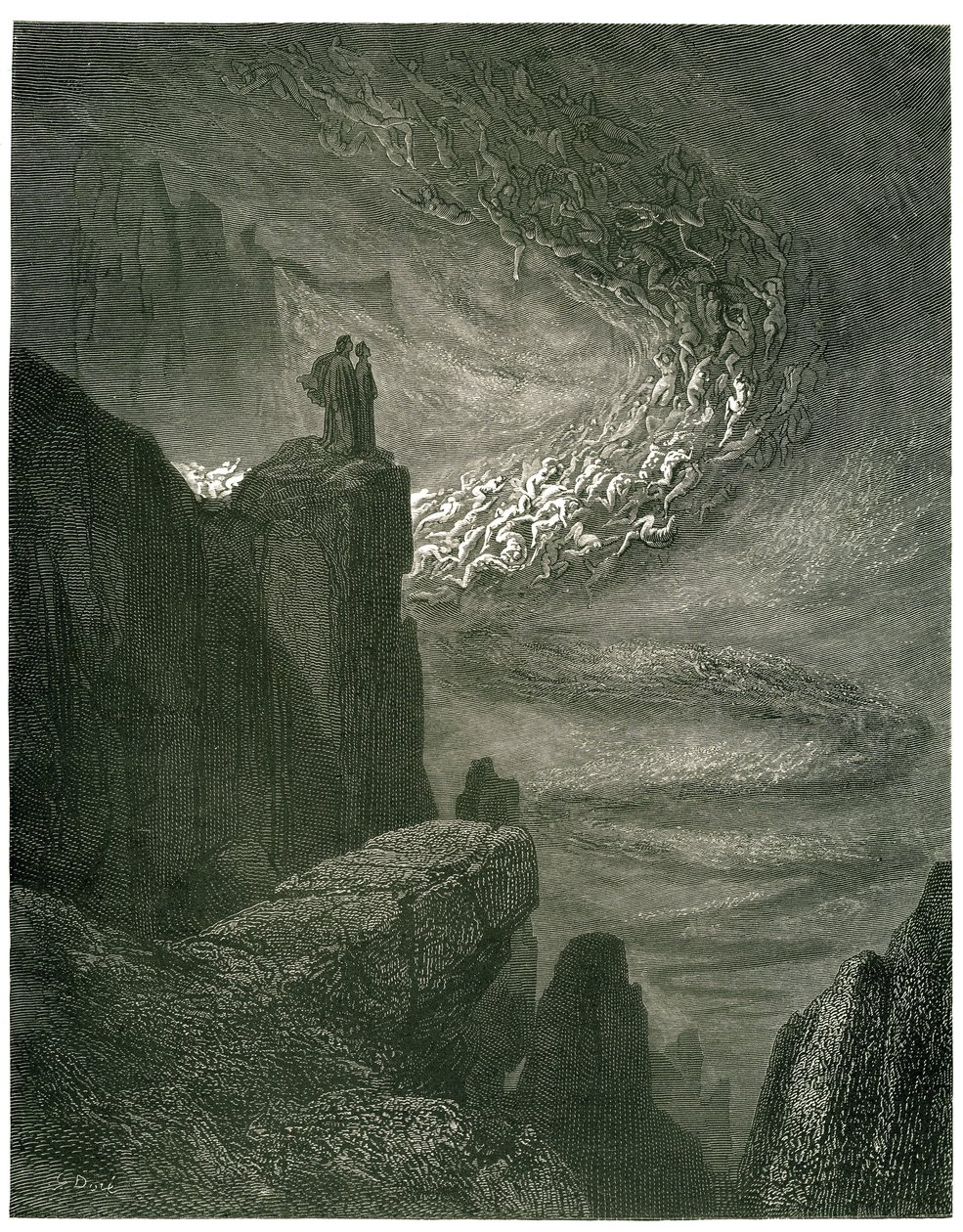 Dante Alighieris helvede (den guddommelige komedie) illustreret af Gustave Dore. Fransk udgave af 1861. ”Den infernalske storm, som aldrig bliver tilbage/efterlader ånderne med sit røveri. (Den infernalske orkan, som aldrig stopper, trækker ånder ind i sin af Gustave Dore