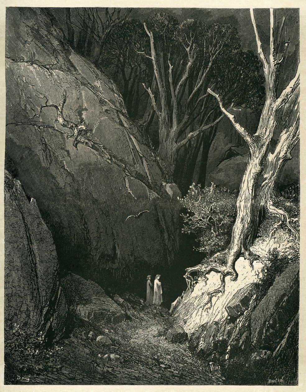 Dante Alighieris Helvede (Den guddommelige komedie) illustreret af Gustave Dore. Fransk udgave fra 1861. "Allor si mosse, ed io gli tenni dietro. (Så startede han, og jeg fulgte ham)", sang 1 v.136. af Gustave Dore