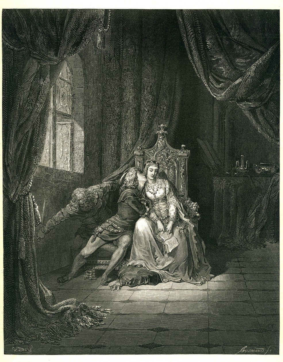 Dante Alighieris Helvede (Den guddommelige komedie) illustreret af Gustave Dore. Fransk udgave fra 1861. Francesca da Rimini og hendes elsker: "Quel giorno piu non vi leggemo avante. (Denne dag læser vi ikke videre)", sang 5. v. 138 af Gustave Dore