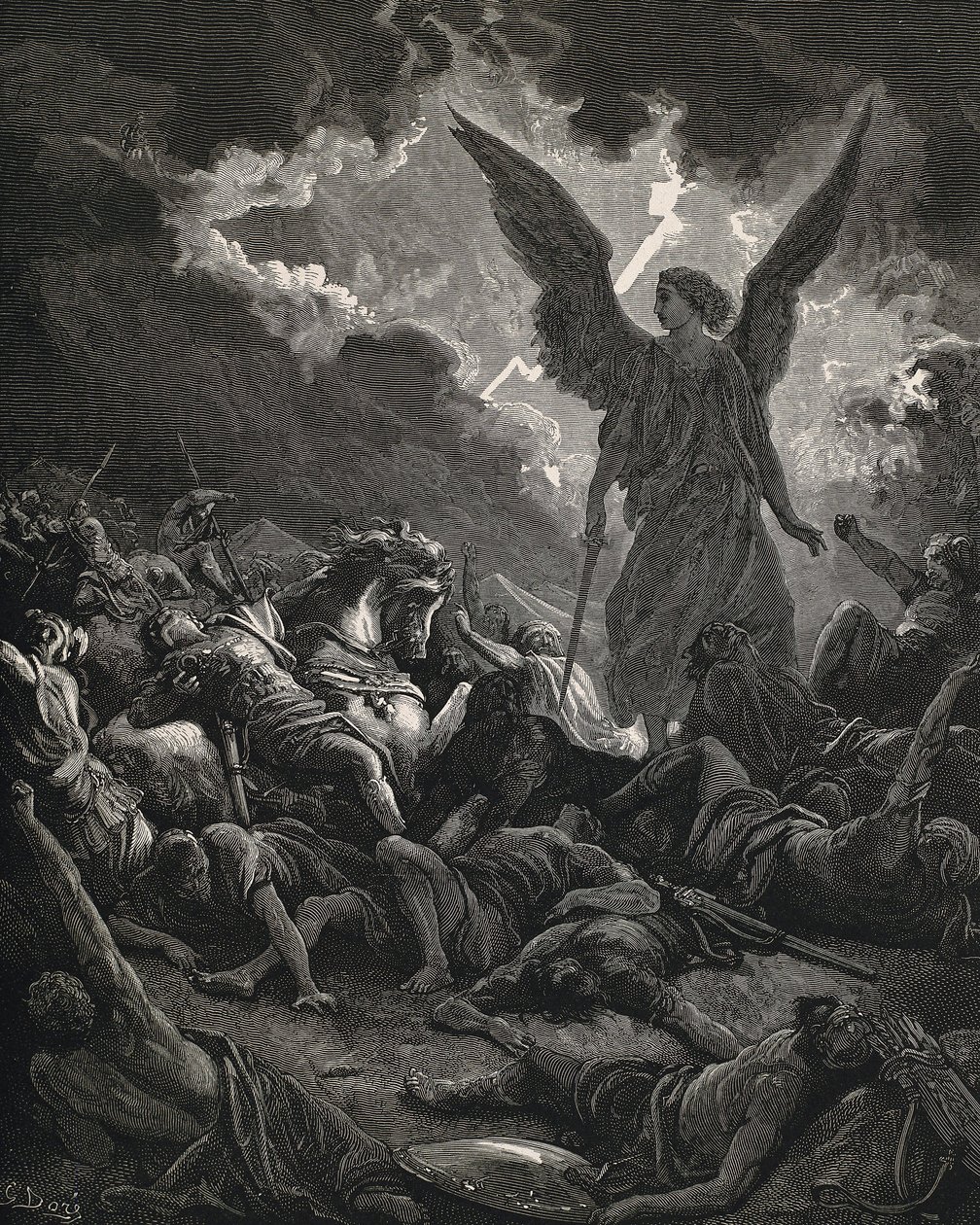 Den hellige bibel. 1866. SENNACHERIB (705-681 f.Kr.). Konge af Assyrien (705-681 f.Kr.). Herrens engel af Sankeribs hær. Gravering af Gustave Dore