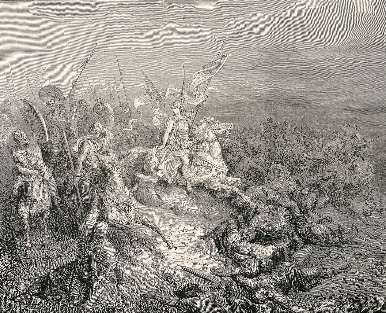 Den hellige bibel. 1866. Makkabæernes engel. Gravering af Gustave Dore